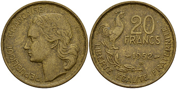 Франция 20 франков 1952 B, Петух KM 917.1 алюминиевая бронза 4159-937