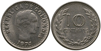 Колумбия 10 сентаво 1974 KM 253 сталь плакированная никелем 4528-722