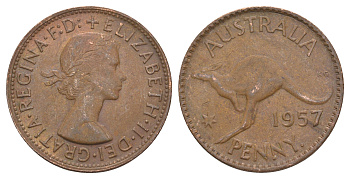 Австралия 1 пенни 1957 . , Елизавета II (1952-2022), кенгуру KM 56 бронза 82-1135