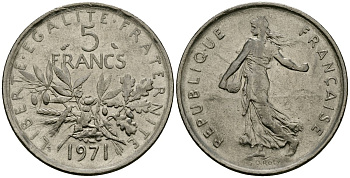 Франция 5 франков 1971 сеятель KM 926a.1, Le Franc 341.3 медно-никель плакированный никелем 4120-434