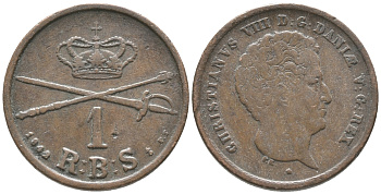 ДАНИЯ 1 РИГСБАНКСКИЛЛИНГ 1842 FF, КРИСТИАН VIII (1839-1848) KM 726.1 (С120.1) медь 34-541