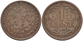НИДЕРЛАНДЫ 1 ЦЕНТ 1917 ВИЛЬГЕЛЬМИНА (1890-1948) KM 152 бронза 100-741