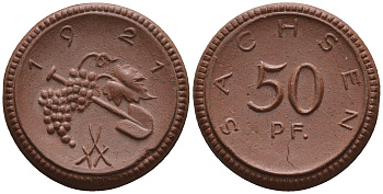 Саксония 50 пфеннигов 1921 виноград и лопата J. N 54 фарфор UNC 1094-8-52