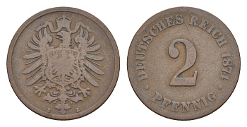 Германия 2 пфеннига 1874 E, Вильгельм I (1871-1888) KM 2, J. 2, Weege 3 медь 4639-1158
