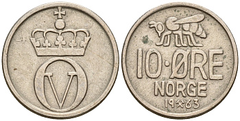Норвегия 10 эре 1963 пчела KM 411 медно-никель    4598-1217