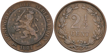Нидерланды 2 1/2 цента 1881 Виллем III (1849-1890) KM 108 бронза 4575-917