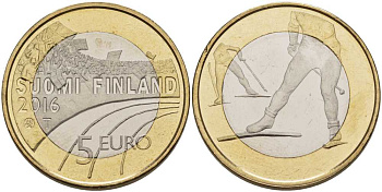 Финляндия 5 евро 2016 спорт, который любят финны, беговые лыжи KM 244 биметалл UNC M49-3
