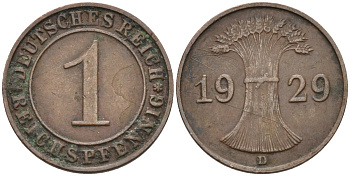 Германия 1 рейхспфенниг 1929 D, Веймарская республика KM 37 бронза 4387-556