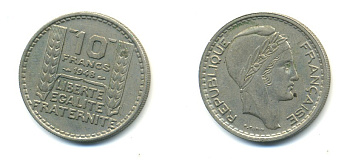 Франция 10 франков 1948 тип Пьер Турин KM 909.1, Le Franc 362.3 медно-никель 80-643