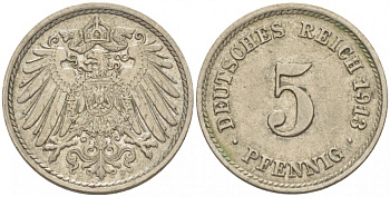 ГЕРМАНИЯ 5 ПФЕННИГОВ 1913 F, KM 11, J. 12 медно-никель 110-236