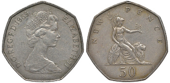 Великобритания 50 пенсов 1969 Елизавета II (1952-2022) KM 913, Spink 4223 (H1) медно-никель 4123-834