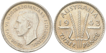 Австралия 3 пенса 1943 Георг V (1936-1952) KM 37 серебро 4621-1159
