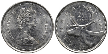 Канада 25 центов 1989 олень, Елизавета II (1952-) KM 74 никель 4577-844