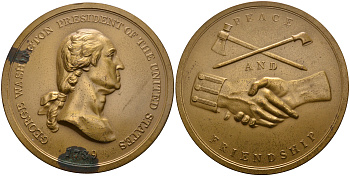 США медаль ND 1789 год президент Джордж Вашингтон, мир и дружба, диаметр 76 мм. вес 223,6 гр. бронза 8-1-04-24