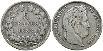 Франция 5 франков 1832 W, Луи Филипп I (1830-1848) KM 749.13 серебро 1066-6-43