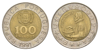 Португалия 100 эскудо 1991 Педру Нуниш (1502-1578), математик KM 645 биметалл aUNC 4388-323