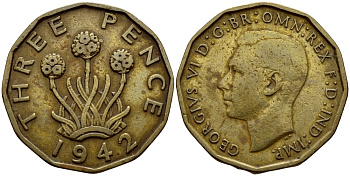 Великобритания 3 пенса 1942 Георг VI (1936-1952) KM 849, Spink 4112 никель латунь 4395-1221