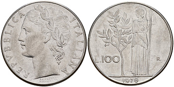 Италия 100 лир 1978 R, Афина у оливкого дерева KM 96.1 нержавеющая сталь 4149-1224