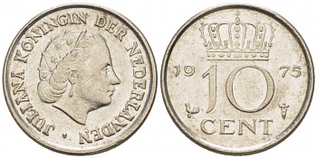 НИДЕРЛАНДЫ 10 ЦЕНТОВ 1975 KM 182 никель 3457-1128