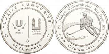 Турция 50 лир 2011 XXV зимняя Универсиада в Эрзурум 2011 года, хоккей KM NEW серебро PROOF 11-037-23