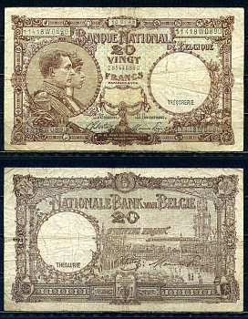 Бельгия 20 франков 1945 10.03.1945, Король Альберт I и его жена Королева Елизавета, Гран-Плас / Гроте Маркт, Брюссель Pick 111 (3) бумага 6301-15-1-2