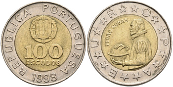 Португалия 100 эскудо 1998 Педру Нуниш (1502-1578), математик KM 645.1 биметалл 4571-955
