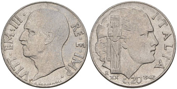 ИТАЛИЯ 20 ЧЕНТЕЗИМО 1942 R, ГОД XX, ВИКТОР ЭММАНУИЛ III (1900-1946), МАГНИТНАЯ, ГУРТ РИФЛЁНЫЙ KM 75b, VEM3. 1029 нержавеющая сталь 3853-432