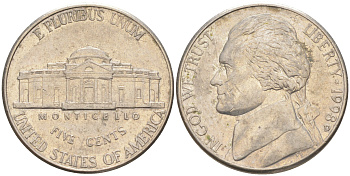 США 5 ЦЕНТОВ 1998 D ДЖЕФЕРСОН KM A192 медно-никель 4114-1121