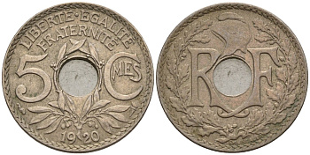 Франция 5 сантимов 1920 KM 865 медно-никель 4596-445
