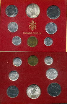 Ватикан набор из 8 монет 1966 1, 2, 5, 10, 20, 50, 100, 500 лир, в оригинальном буклете KM MS70 серебро UNC 8-1-01-13