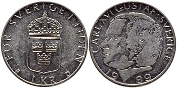 Швеция 1 крона 1989 Карл XVI Густав (1973- ) KM 852a медно-никель 4398-1212