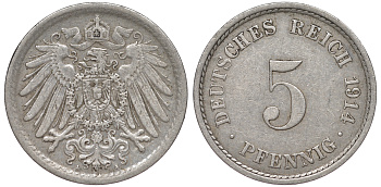 ГЕРМАНИЯ 5 ПФЕННИГОВ 1914 A, KM 11, J. 12 медно-никель 45-1138