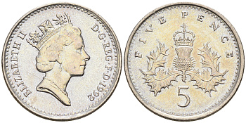 Великобритания 5 пенсов 1992 Елизавета II (1952-2022) KM 937b, Spink 4372 (D4) медно-никель 4588-567