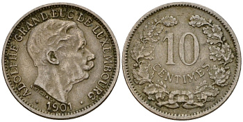 Люксембург 10 сантимов 1901 Адольф (1890-1905) KM 25 медно-никель 4602-434