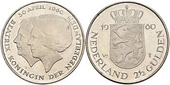 Нидерланды 2 1/2 гульдена 1980 коронация Беатрикс, 30 апреля 1980 KM 201 никель 4565-724