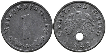 ГЕРМАНИЯ 1 РЕЙХСПФЕННИГ 1942 A KM 97, J.369 цинк 96-725