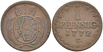 САКСОНИЯ 1 ПФЕННИГ 1772 С, ФРИДРИХ АВГУСТ III (1763-1806) KM 1000 (С91) медь 206-346