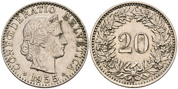 Швейцария 20 раппенов 1955 В KM 29а медно-никель 92-1252