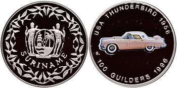 Суринам 100 гульденов 1996 США, Thunderbird 1956, эмаль KM 46 медно-никель PROOF 1524-645