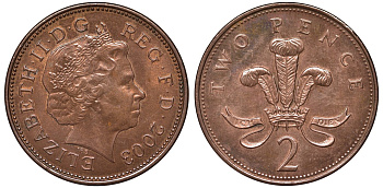 Великобритания 2 пенса 2003 Елизавета II (1952-2022) KM 987, Spink 4690 (C5) сталь плакированная медью UNC 4122-843