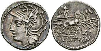 Римская Республика денарий 104 г. до н.э. монетарий Л. Аппулей Сатурнин. голова Ромы / Сатурн в квадриге GOOD VERY FINE 3,89 ГР. Crawf. 317/3 b; Syd. 578 a серебро 00-000-00