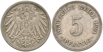 ГЕРМАНИЯ 5 ПФЕННИГОВ 1901 A, KM 11, J. 12 медно-никель 73-214