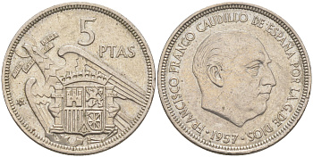 ИСПАНИЯ 5 ПЕСЕТ 1957 (74) ФРАНСИСКО ФРАНКО ДИКТАТОР ИСПАНИИ (1939-1975) KM 786 медно-никель 63-427