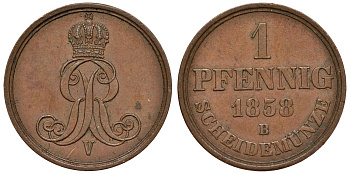 Ганновер 1 пфенниг 1858 B, Георг V KM 233, AKS 156, J. 90 медь 4594-553