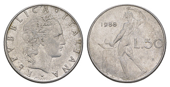 Италия 50 лир 1988 R, бог огня Вулкан у наковальни KM 95.1 нержавеющая сталь 4551-1152