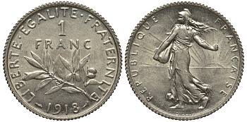 ФРАНЦИЯ 1 ФРАНК 1918 ТИП СЕЯТЕЛЬ KM 844.1, LE FRANC 217.24 серебро UNC 202-125