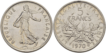 Франция 5 франков 1970 сеятель, тип Semeuse KM 926a.1, Le Franc 341.2 медно-никель плакированный никелем 32-1215