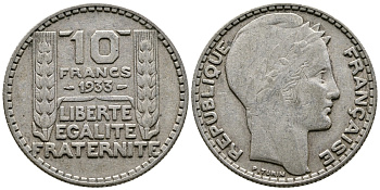 Франция 10 франков 1933 Пьер Тюрен KM 878, Le Franc 360.6 серебро 61-636
