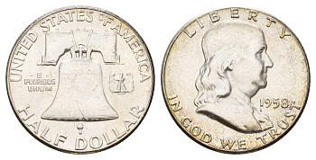 США 1/2 доллара (50 центов) 1958 Бенджамин Франклин, тип - 1, колокол KM 199 серебро aUNC 1530-1421