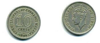 МАЛАЙЯ 10 ЦЕНТОВ 1949 ГЕОРГ VI KM 8 медно-никель 46-722